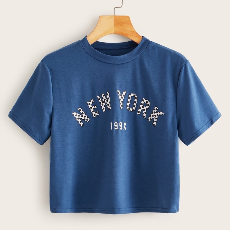

Letter Print Short Sleeve Crop Tee, Blue