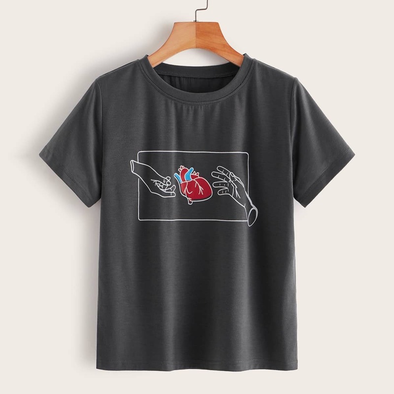 

Hand & Heart Print Tee, Grey