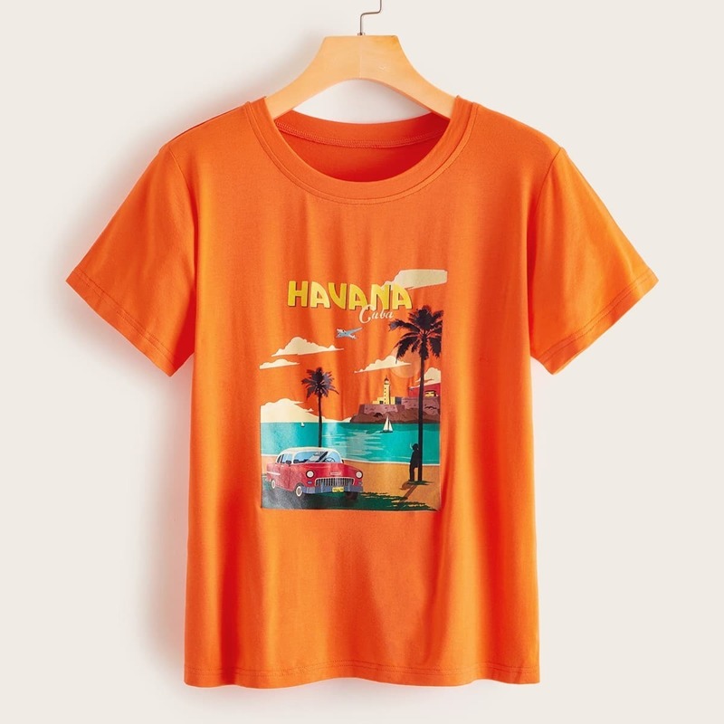 

Letter And Landscape Print Tee, Orange bright
