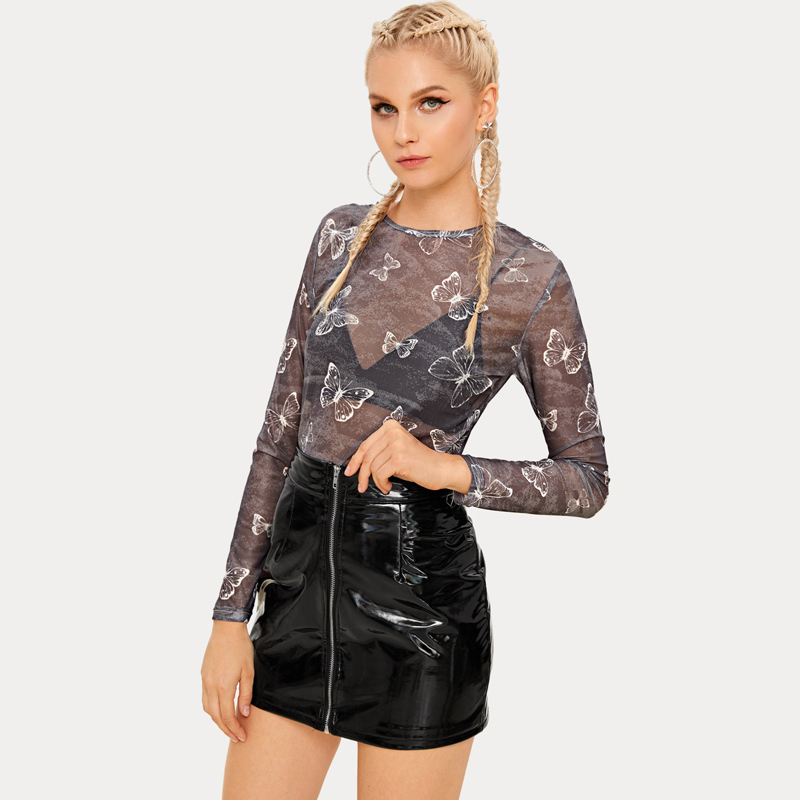 

Butterfly Print Sheer Mesh Top, Grey