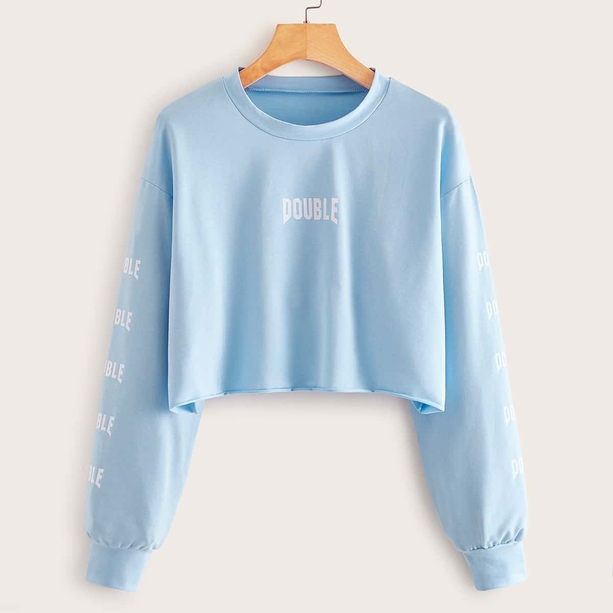 

Letter Graphic Drop Shoulder Crop Sweatshirt, Blue pastel