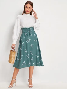 Mulvari 植物圖案腰封紙袋中長半身裙 - 綠色 - 查看 3