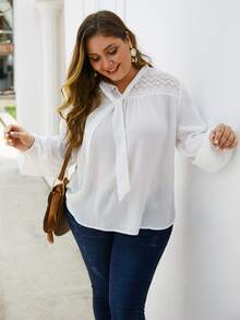 Plus Lace Insert Tie Neck Blouse