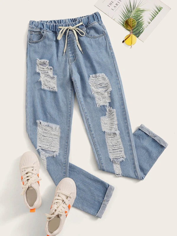 distressed drawstring jeans