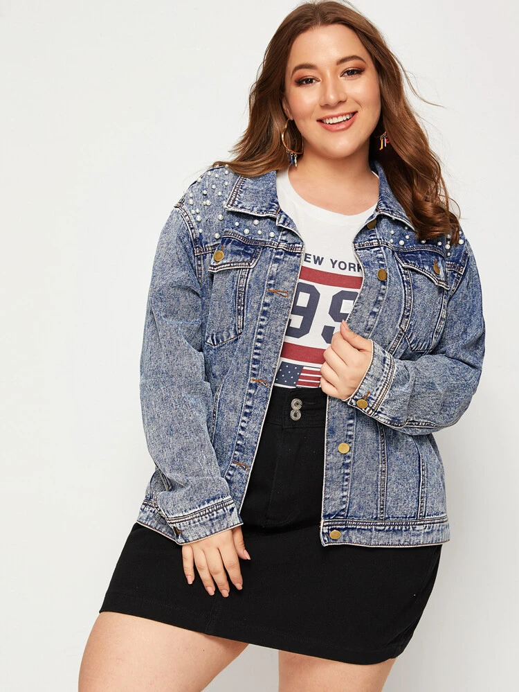 plus size pearl denim jacket