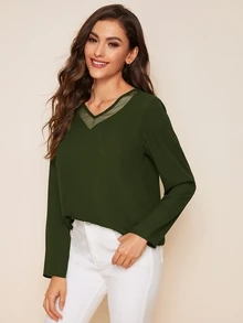 SHEIN Clasi 網紗拼接素色上衣 - 軍綠色 - 查看 4