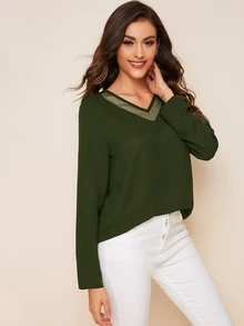 SHEIN Clasi 網紗拼接素色上衣 - 軍綠色 - 查看 5