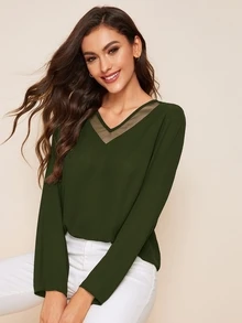 SHEIN Clasi 網紗拼接素色上衣 - 軍綠色 - 查看 1