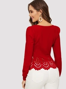 SHEIN Clasi Buttoned Front Laser Cut Hem Puff Sleeve Top - Red - View 2