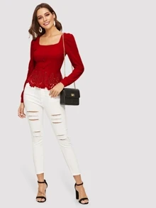 SHEIN Clasi Buttoned Front Laser Cut Hem Puff Sleeve Top - Red - View 3
