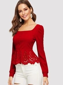 SHEIN Clasi Buttoned Front Laser Cut Hem Puff Sleeve Top - Red - View 4