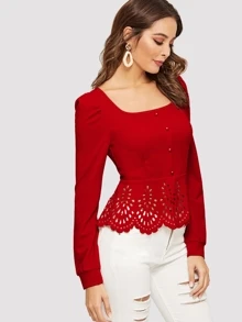 SHEIN Clasi Buttoned Front Laser Cut Hem Puff Sleeve Top - Red - View 5