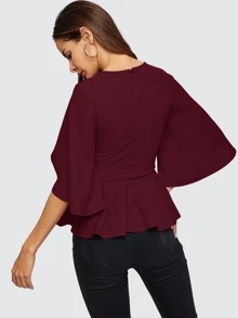 SHEIN Clasi Split Sleeve Belted Peplum Top - Burgundy - View 2