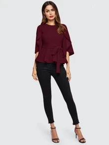 SHEIN Clasi Split Sleeve Belted Peplum Top - Burgundy - View 3
