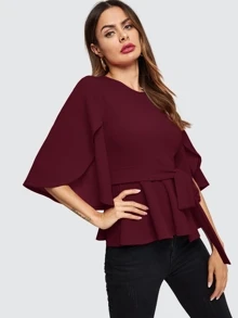 SHEIN Clasi Split Sleeve Belted Peplum Top - Burgundy - View 4