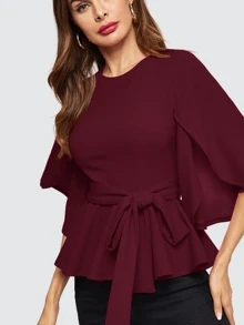 SHEIN Clasi Split Sleeve Belted Peplum Top - Burgundy - View 5
