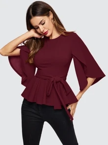 SHEIN Clasi Split Sleeve Belted Peplum Top - Burgundy - View 1