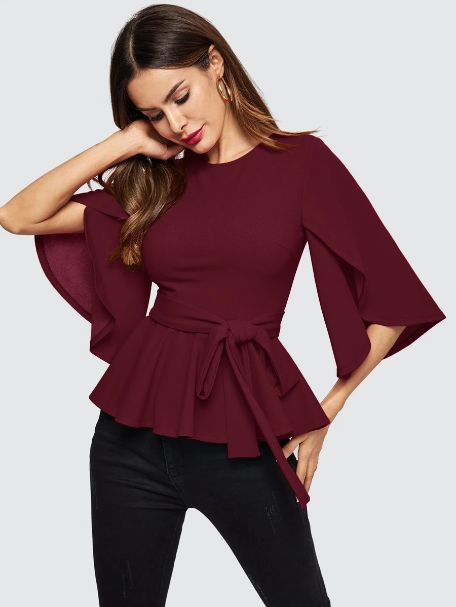 SHEIN Clasi Split Sleeve Belted Peplum Top - Burgundy - View 1