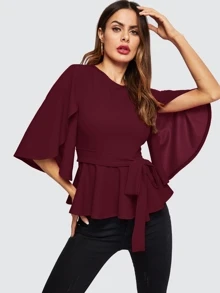 SHEIN Clasi Split Sleeve Belted Peplum Top - Burgundy - View 6