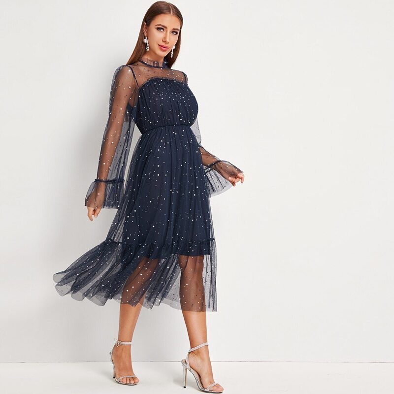 

Ruffle Trim Star Mesh Overlay Dress, Navy
