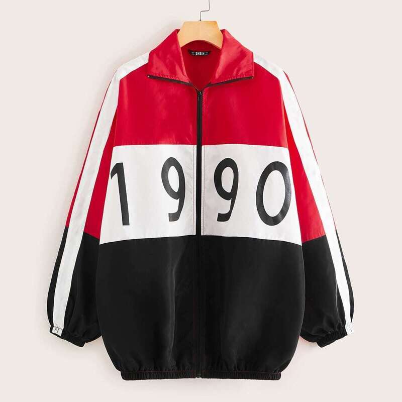 

Number Print Cut-and-sew Windbreaker Jacket, Multicolor