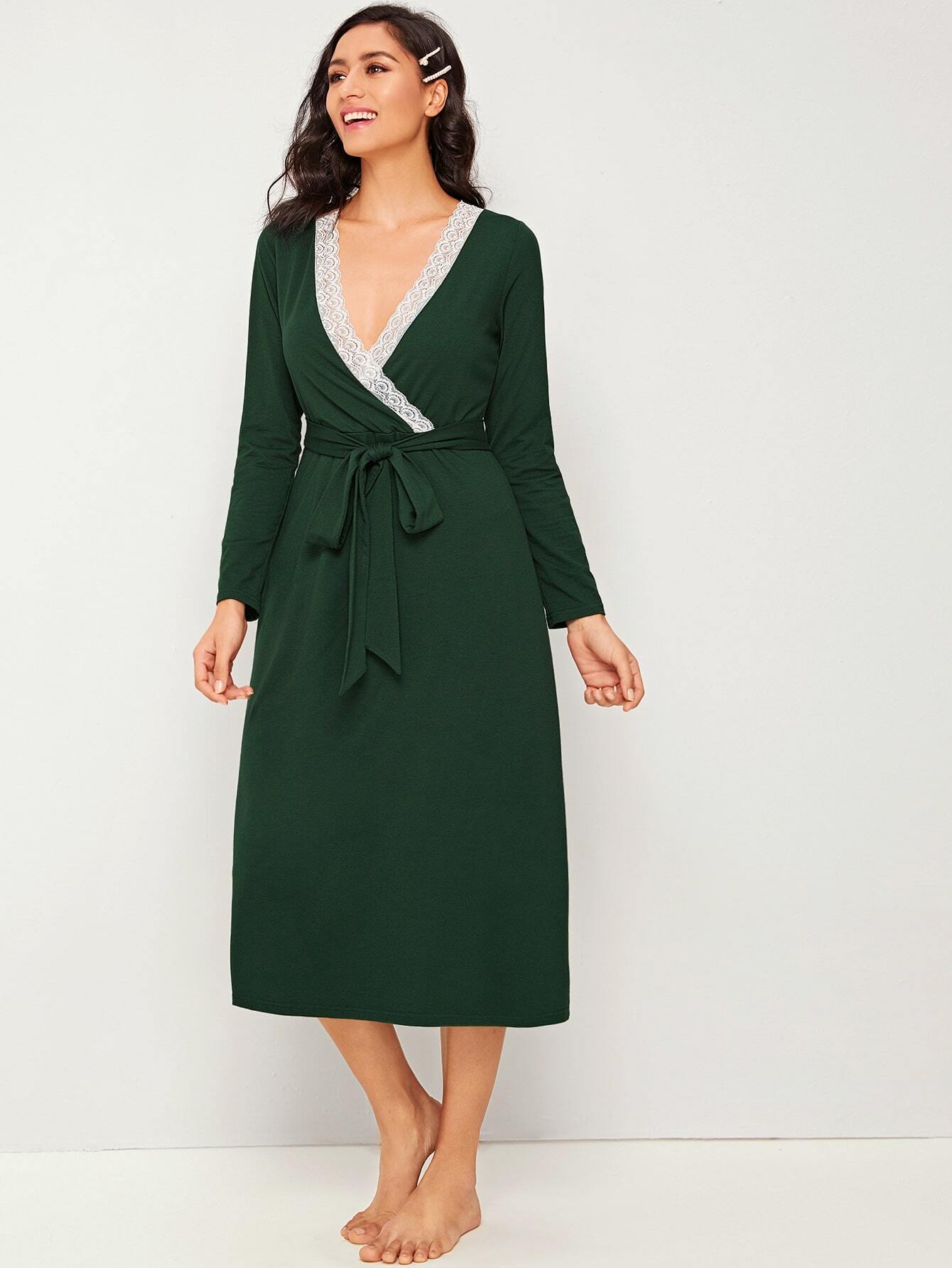 plunge neck lace trim self belted nightdress