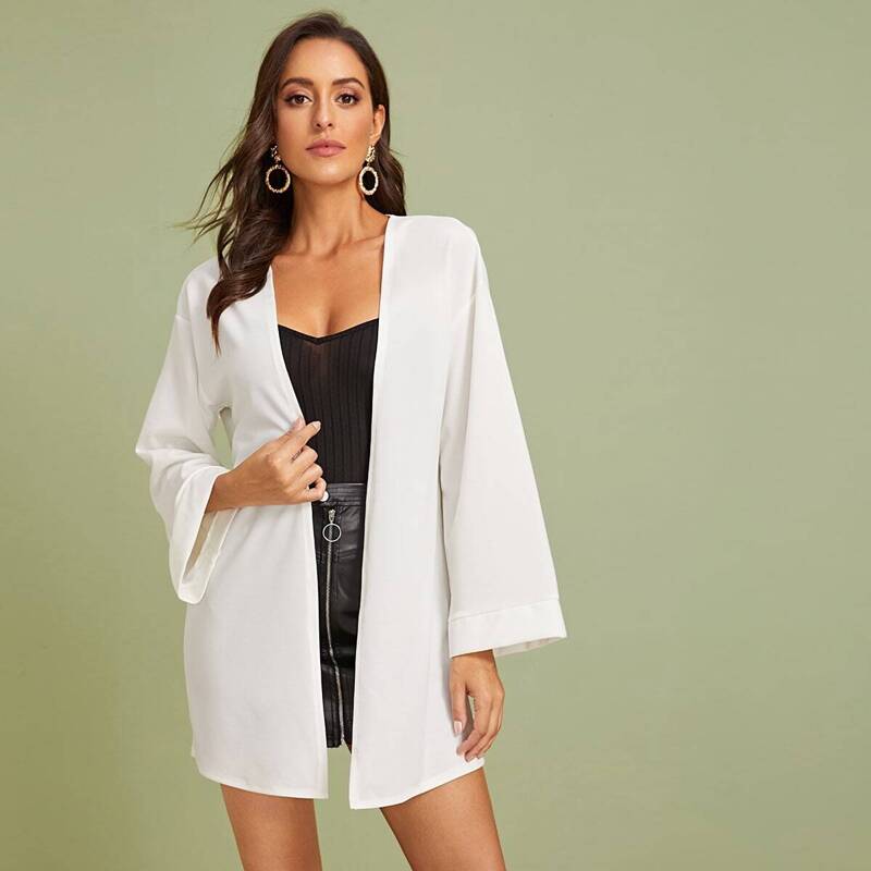 

Bell Sleeve Open Placket Solid Coat, White
