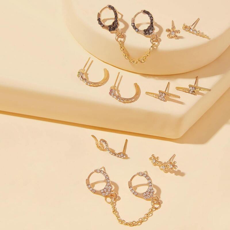 

Rhinestone Decor Serpentine & Thunder Earrings 10pcs, Gold
