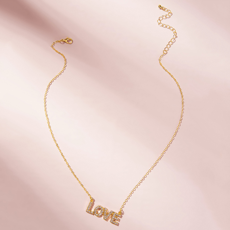 

Rhinestone Engraved Love Charm Necklace 1pc, Gold