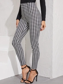 SHEIN Zip Front Gingham Print Skinny Trousers - Black and White - View 3