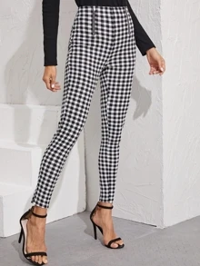 SHEIN Zip Front Gingham Print Skinny Trousers - Black and White - View 4