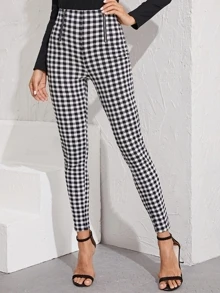 SHEIN Zip Front Gingham Print Skinny Trousers - Black and White - View 1