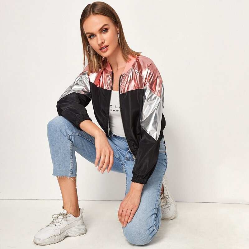 

Contrast Metallic Zip Up Windbreaker Jacket, Multicolor