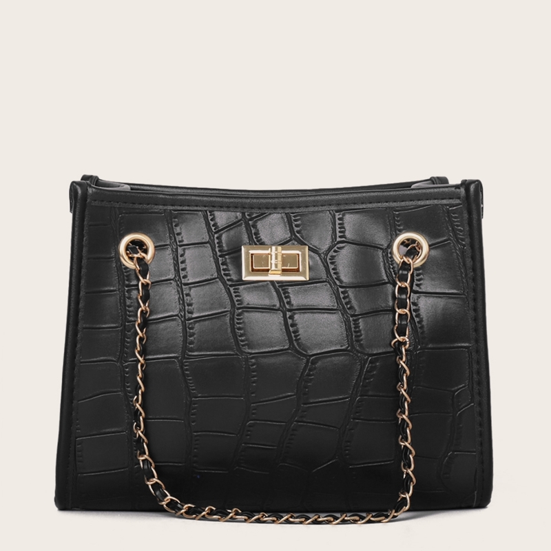 

Croc Embossed Chain Tote Bag, Black