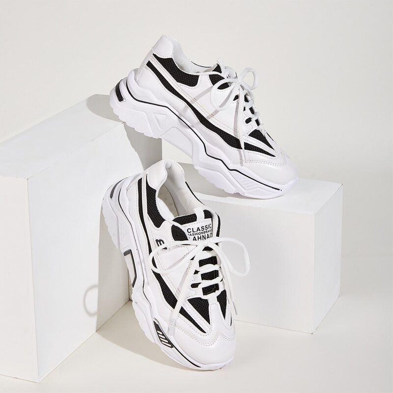 

Two Tone Lace-up Front Chunky Sneakers, Black and white