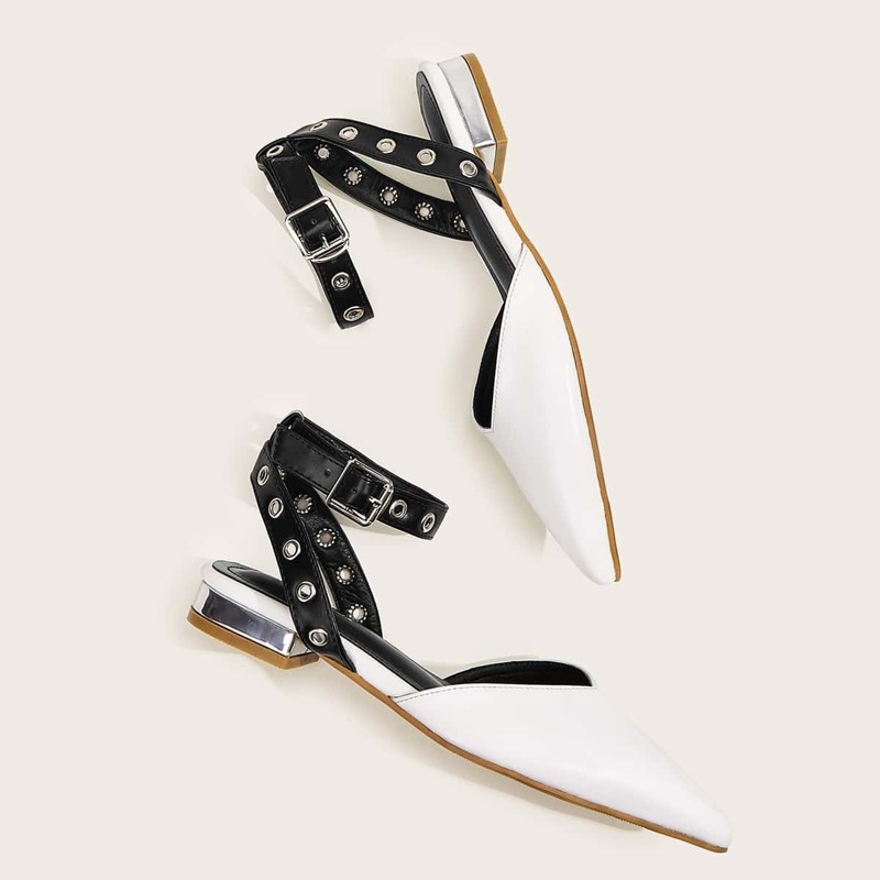 

Point Toe Ankle Strap Flats, White