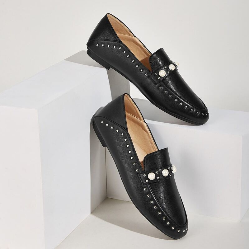

Faux Pearl Decor Flat Loafers, Black