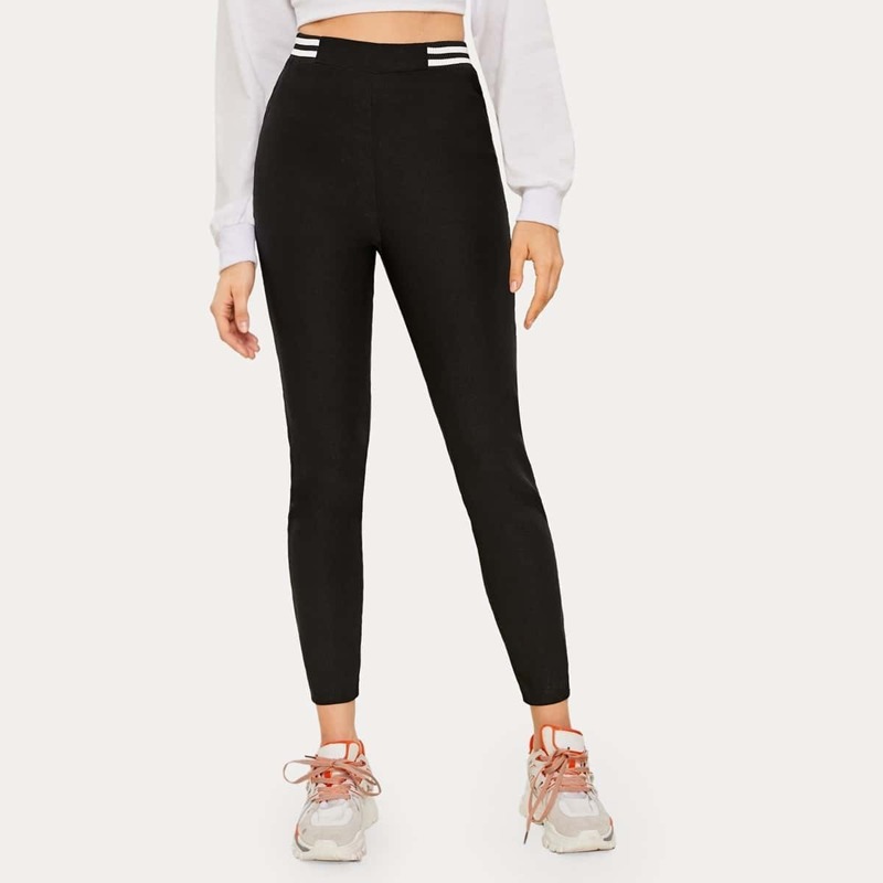 

Contrast Striped Elastic Waist Pants, Black