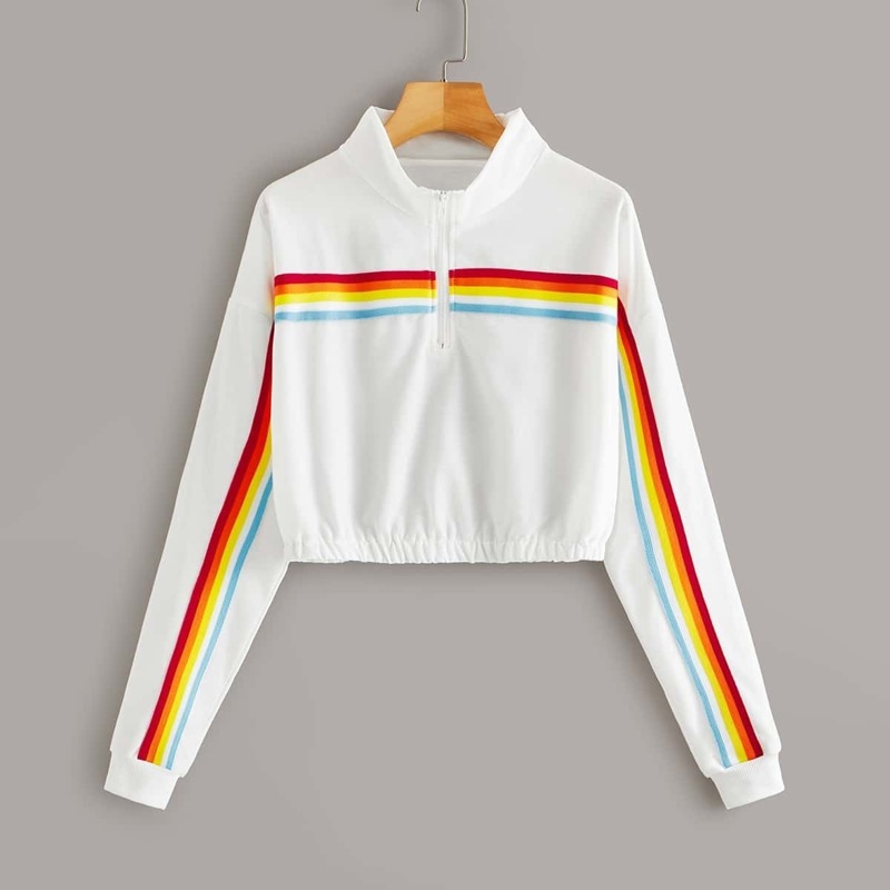 

Half Zipper Rainbow Striped Sweatshirt, White