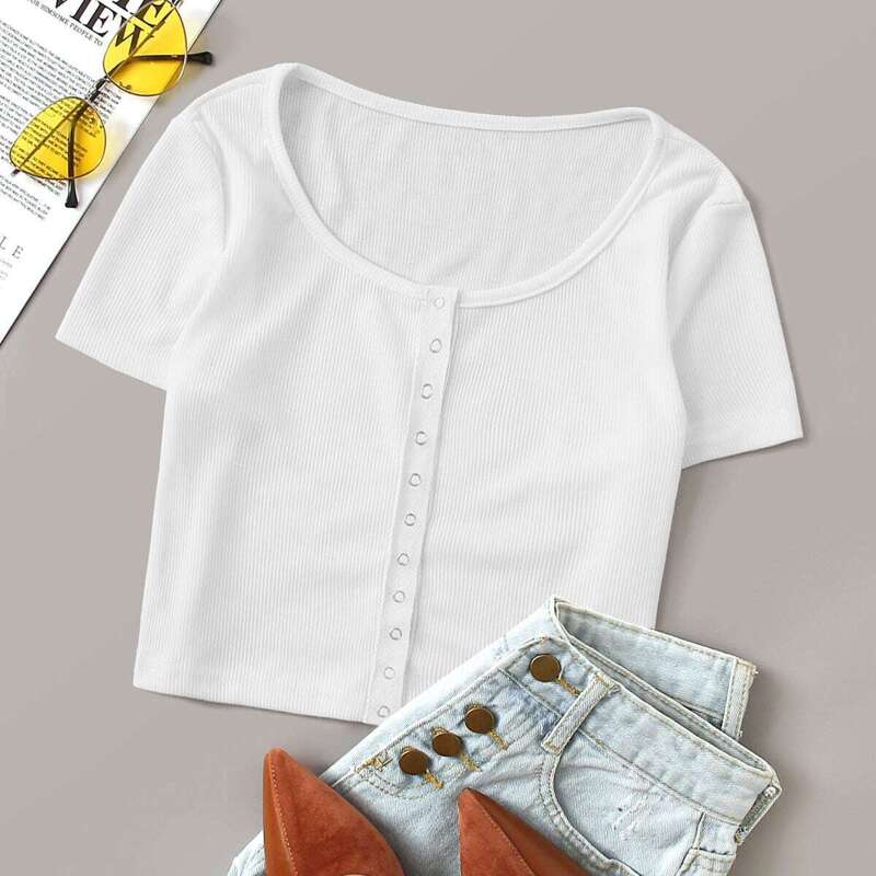 

Popper Detail Rib-Knit Top, White