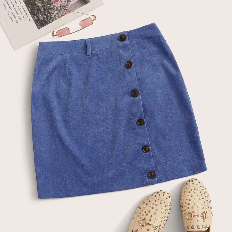 

Solid Button Front Straight Corduroy Skirt, Blue