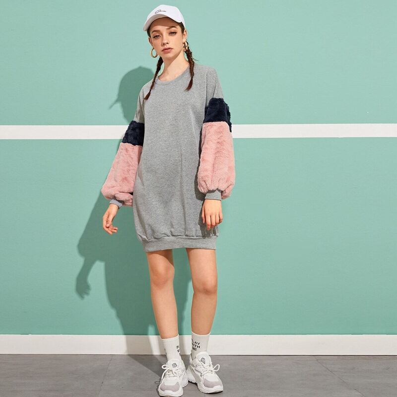 

Contrast Faux Shearling Sweatshirt Dress, Multicolor