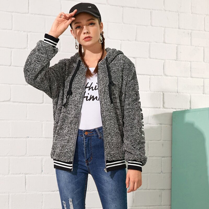 

Zip Up Embroidered Teddy Jacket, Grey
