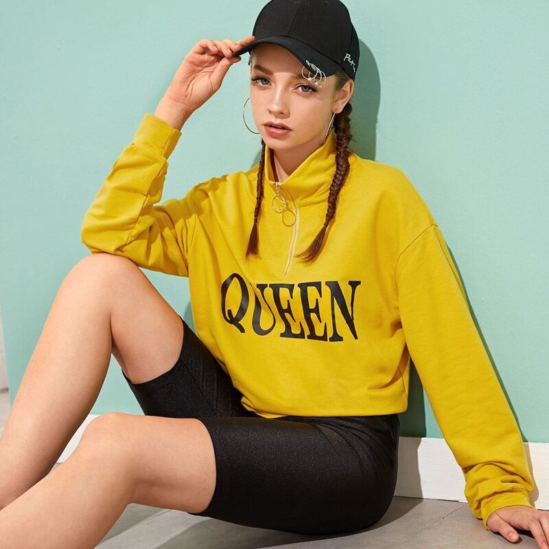 

Letter Print Pull Zip Raw Hem Sweatshirt, Yellow