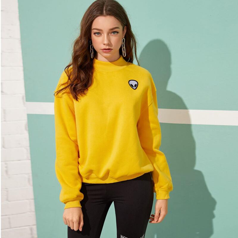 

Yellow Drop Shoulder Embroidered Sweatshirt, Yellow bright