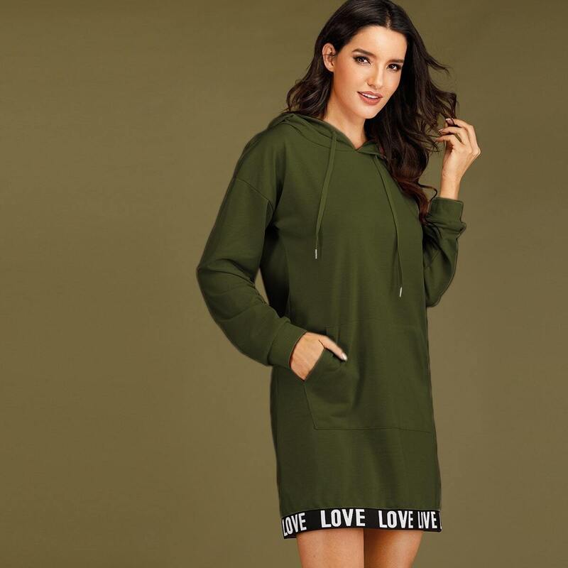 

Letter Tape Drawstring Hooded Sweatshirt Dress, Army green