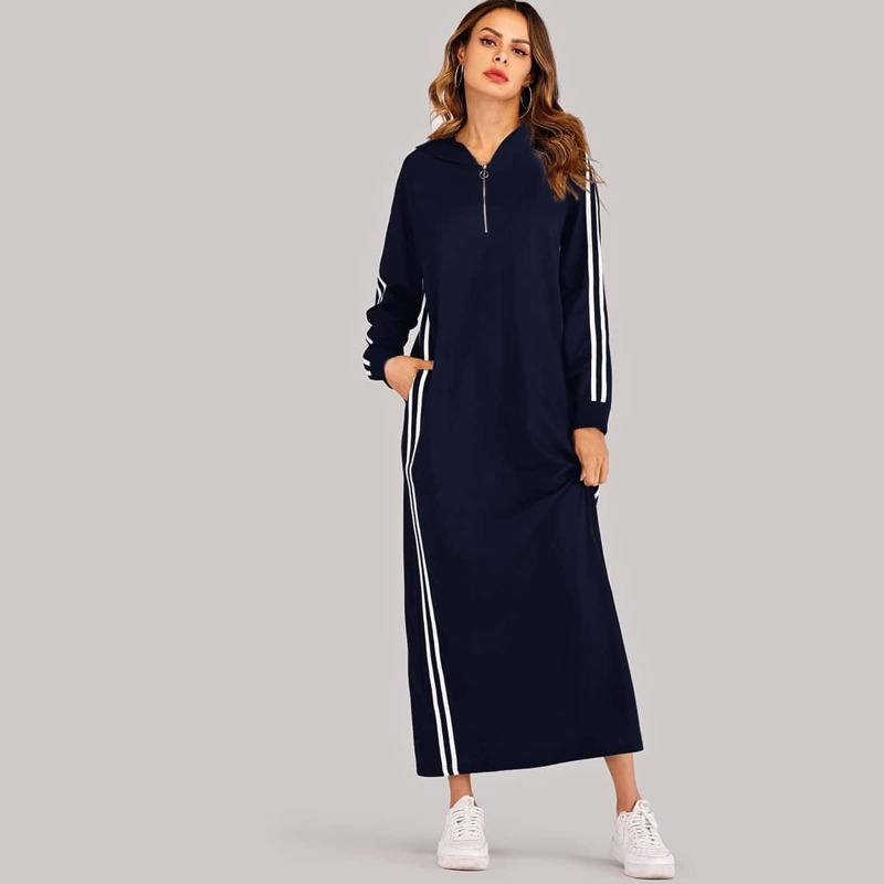 

Side Stripe Quarter Zip Hooded Sweatshirt Dress, Navy
