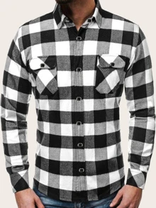 Manfinity Homme Nam Túi Bên Trâu Kẻ Sọc Áo Sơ Mi Tay Dài Cài Nút Nhiều Màu Sắc Sơ Mi Thường Ngày Cho Bạn Trai Quà Tặng - Đen và trắng - Xem 5