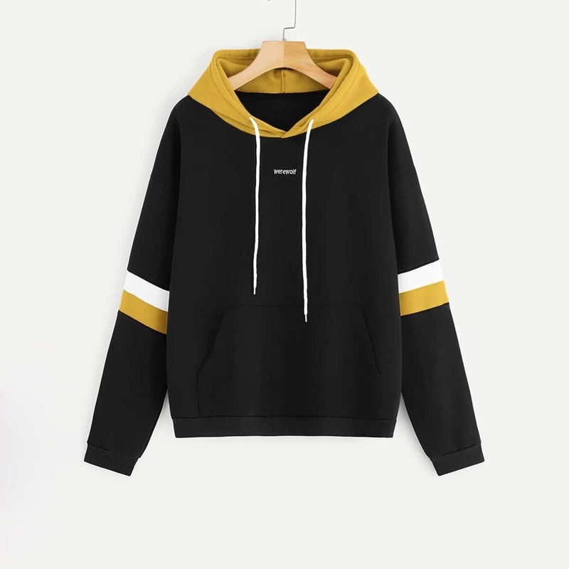 

Letter Embroidery Drawstring Contrast Hoodie, Black