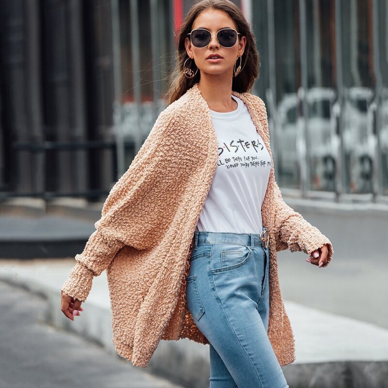 

Dual Pocket Open Front Boucle Knit Cardigan, Nude